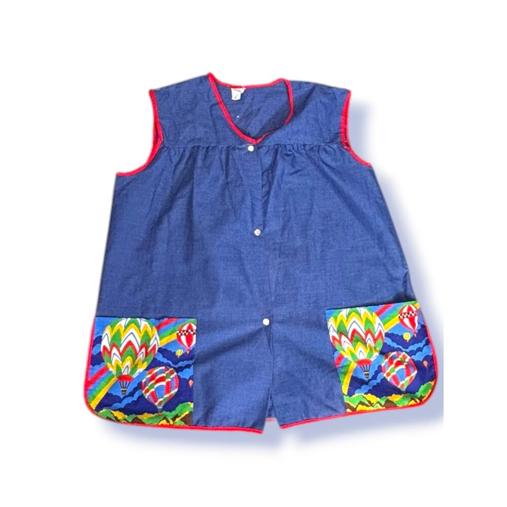Vintage 70s Hot Air Balloon Smock Vest Blue Chambray Rainbow Snap Front Top
